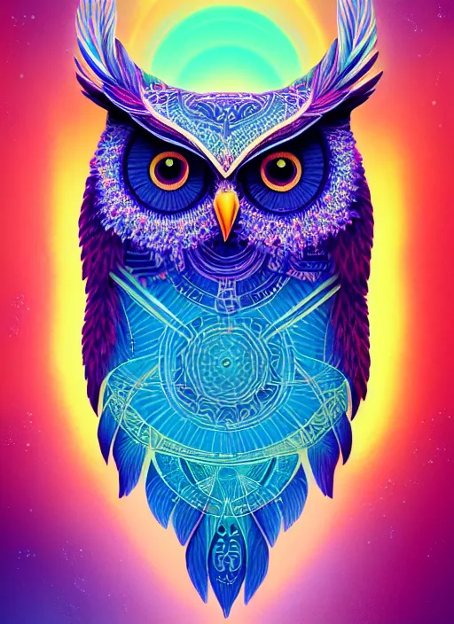 Image similar to symmetry!! product render poster vivid colors divine proportion owl, 神 圣, glowing fog intricate, elegant, highly detailed, digital painting, artstation, concept art, smooth, sharp focus, illustration,