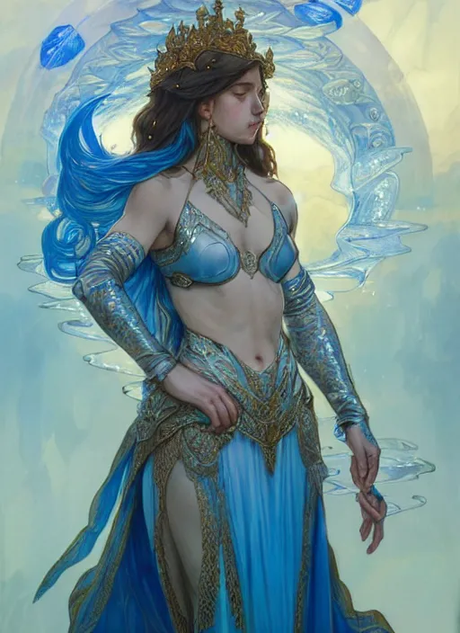 Prompt: a goddess of water wearing blue armor, with hands and hair turning into wearing, fantasy, intricate, elegant, highly detailed, digital painting, artstation, concept art, wallpaper, smooth, sharp focus, illustration, art by artgerm and greg rutkowski and alphonse mucha