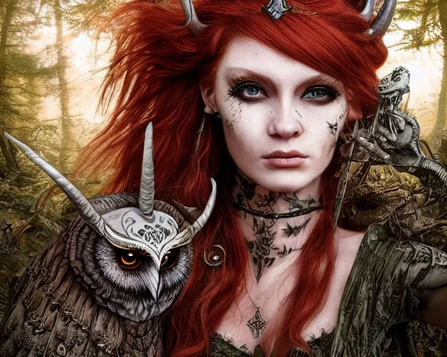 Image similar to 5 5 mm portrait photo of an armored gorgeous anesthetic redhead woman warrior with a face tattoo and horns growing from her head, and owl sitting on her shoulder in a magical forest in the style of stefan kostic, art by luis royo. highly detailed 8 k. intricate. lifelike. soft light. nikon d 8 5 0. cinematic post - processing