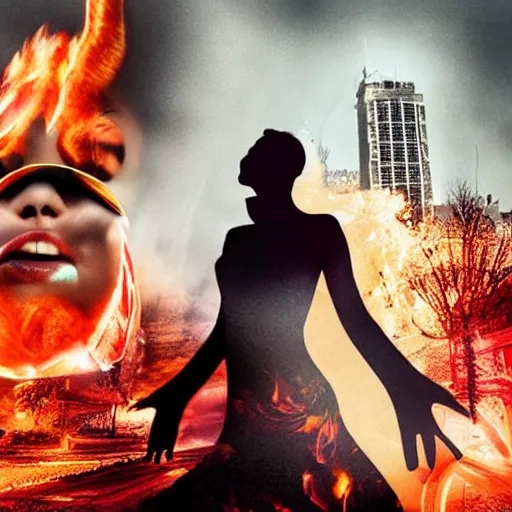 Prompt: a woman on fire, city on fire, giant, photoshop, sci - fi, creative and cool, photo manipulation