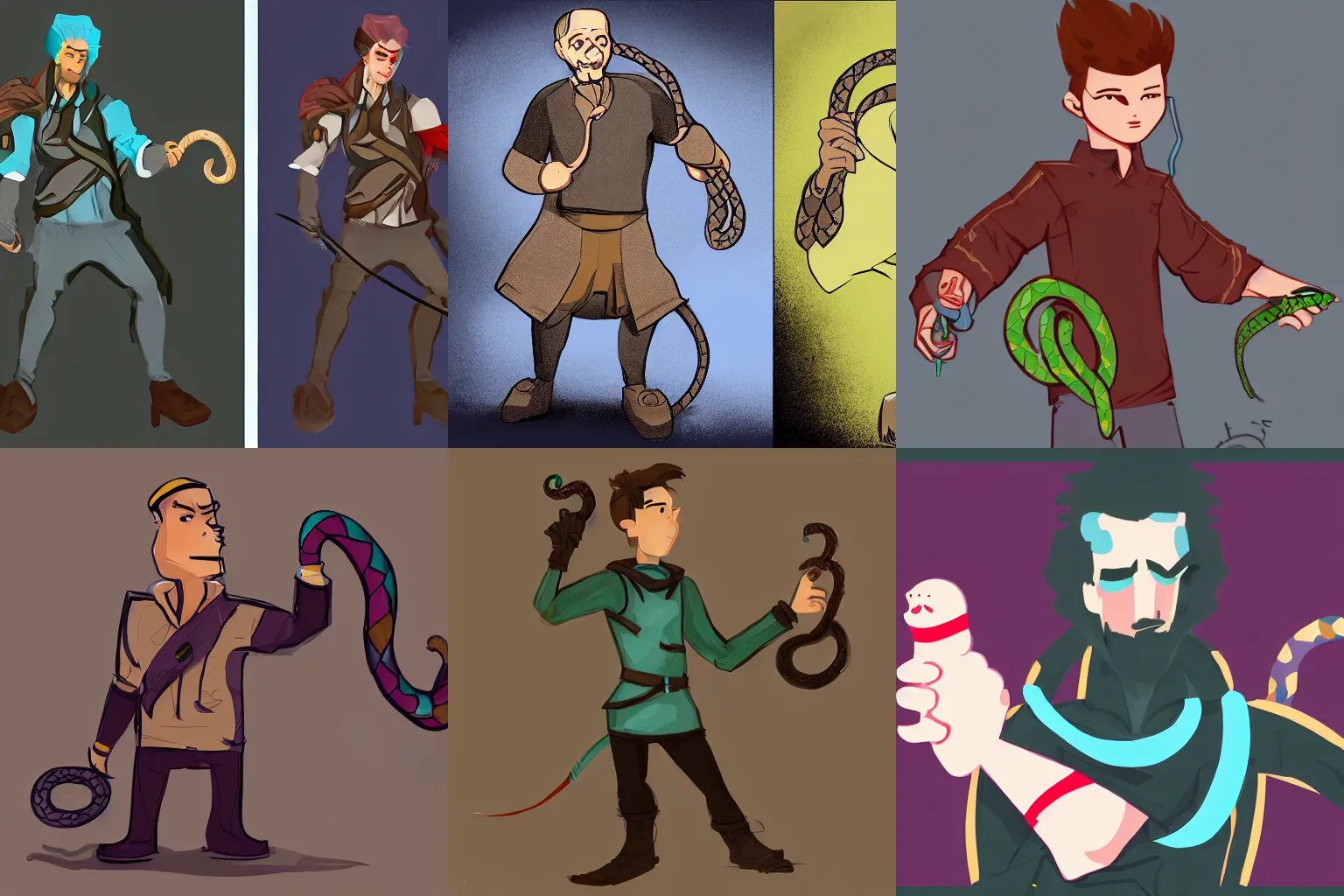 Prompt: a concept art style man holding a snake in the style of character concept art,