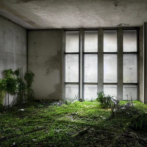 Prompt: an abandoned room in a concrete building, modern design, art deco, few overgrown plants, dreamy, overcast, by hans bellmer