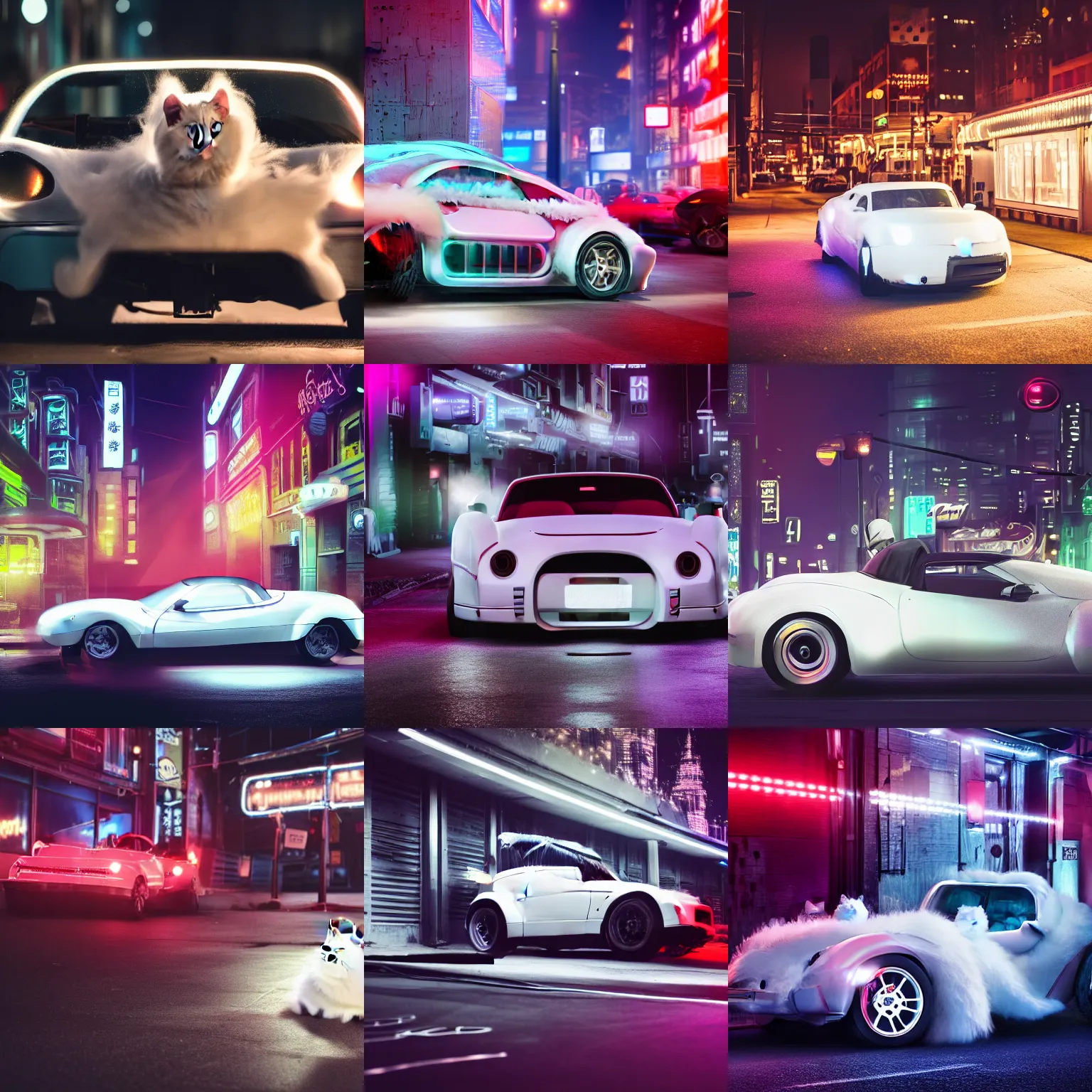 Prompt: a fluffy roadster covered with white fur, with two headlights, looked like a British Shorthair cat, parking in the street, Cyberpunk, neon light, 4k, hd, highly detailed