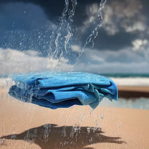 Image similar to a closeup photorealistic photograph of wet clothes drying on the beach, fantastic four theme. bright scene. fine detail. this 4 k hd image is trending on artstation, featured on behance, well - rendered, extra crisp, features intricate detail, epic composition and the style of unreal engine.