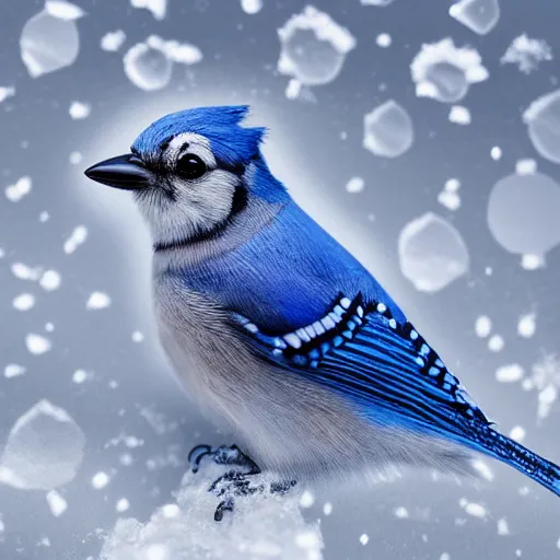 Prompt: the smallest most cutest most adorable little bluejay ever known or seen playing in a pile of snow during winter outside the window and trending on art station, stylized painting, high resolution, real life, photograph, photorealistic