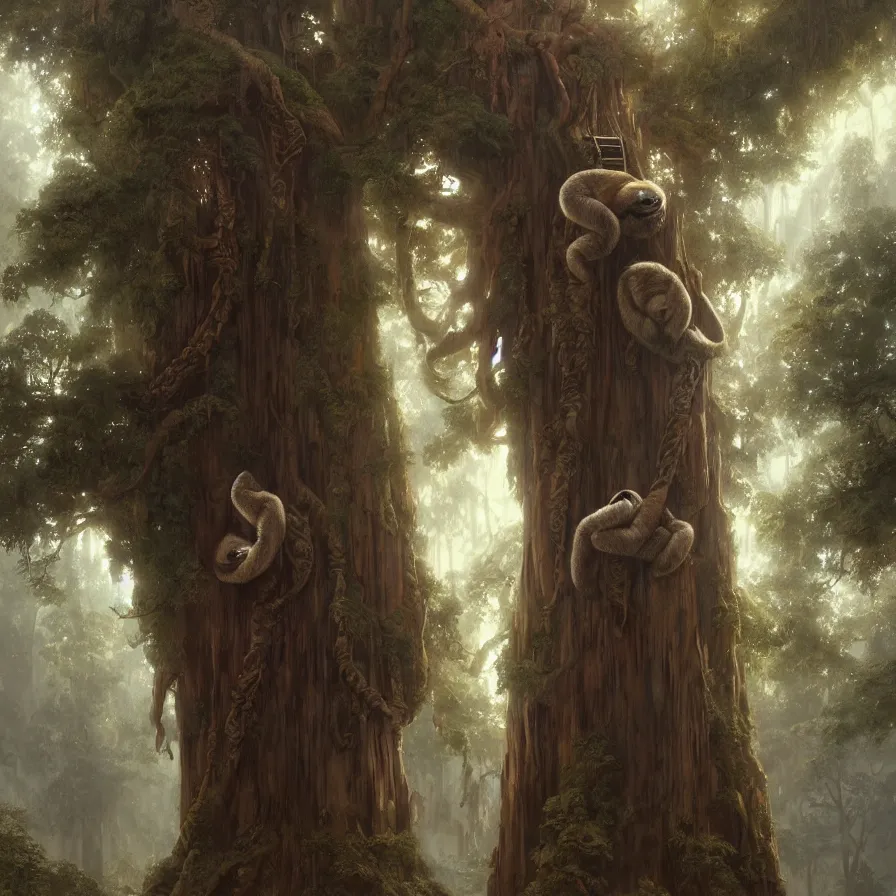 Image similar to colossal sloth hanging from a giant redwood tree, high detail, dramatic light, digital art, painted by greg rutkowski, painted by seb mckinnon, trending on artstation