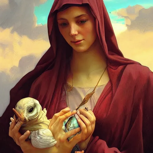 Image similar to surrealist close up illustration of the virgin mary holding a reptile, highly detailed, digital painting, concept art, smooth, sharp focus, illustration, absurd, humorous, photoshop, art by artgerm and greg rutkowski and alphonse mucha