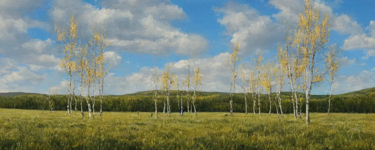 Prompt: open green field dotted with aspen trees, large white tower on the horizon, clear and sunny, oil painting, high detail, post processing, high fantasy, concept art