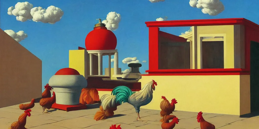 Image similar to peculiar rooster pictured in afternoon light, clouds, bird, open ceiling, strange foreign objects, surrealist oil painting by edward hopper, chirico and rene magritte