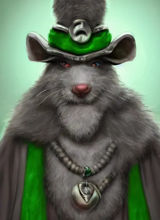 Prompt: a bearded gray humanoid rat with jewelry, green eyes, tricorne hat, green robe, D&D, digital art, realistic, trending on artstation, 4k