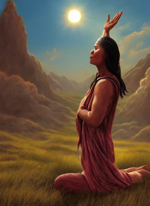 Prompt: indigenous woman starring at the sky, with arms up, praying at the sun, matte painting, fantasy art