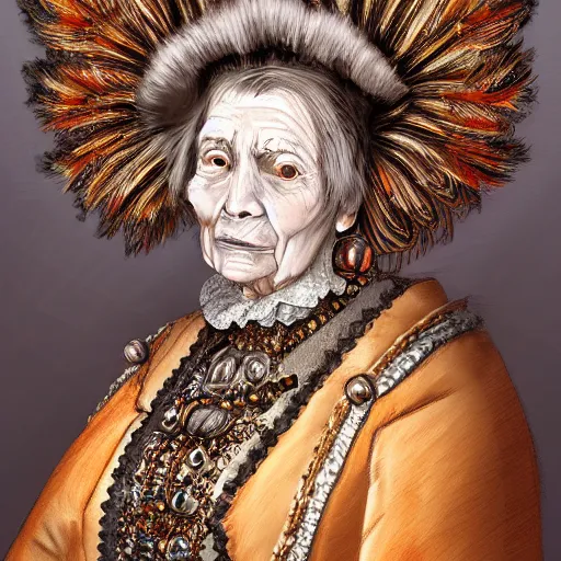 Image similar to portrait headshot digital painting of a old 17th century old lady cyborg merchant, amber jewels, clorful feathers, baroque ornate clothing