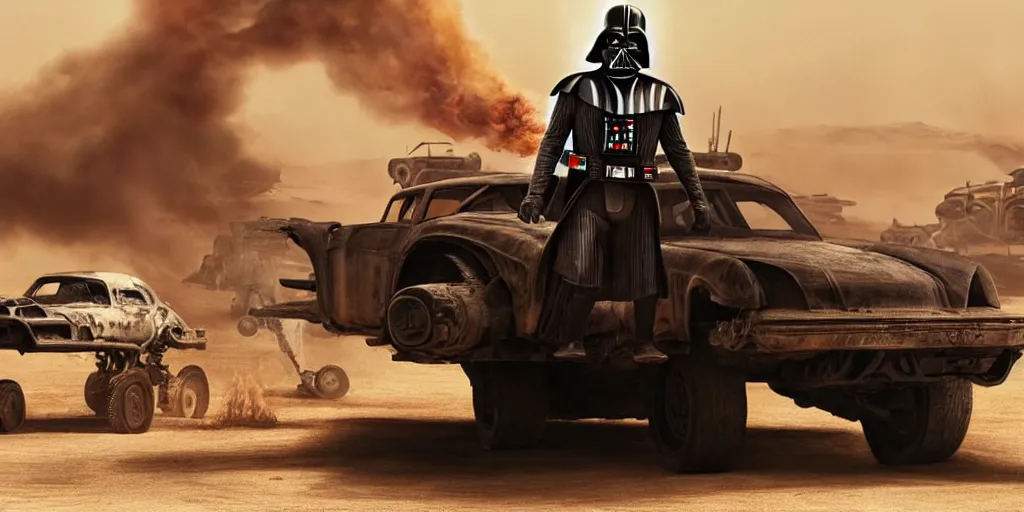 Image similar to Darth Vader standing on a driving post apocalyptic battle car in the desert and weilding a flamethrower, Mad Max Fury Road, sandstorm, fire, realistic, flags, spikes, dust