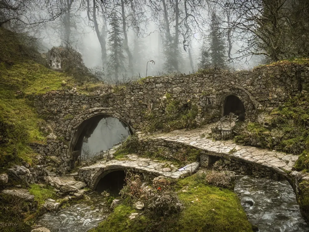 Image similar to medieval hobbit home, ornate, beautiful, atmosphere, vibe, mist, smoke, chimney, rain, wet, pristine, puddles, waterfall, melting, snow, creek, lush, ice, bridge, forest, flowers, james jean