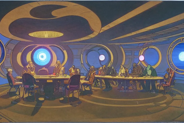 Prompt: front view of a circular meeting room with bright holodesk in the center showing levitating planets of a solar system, dark people discussing, contrasted light, clair obscur, star wars vibe, star treck vibe, by greg rutkowski, by alphonse mucha, by moebius, muted colors