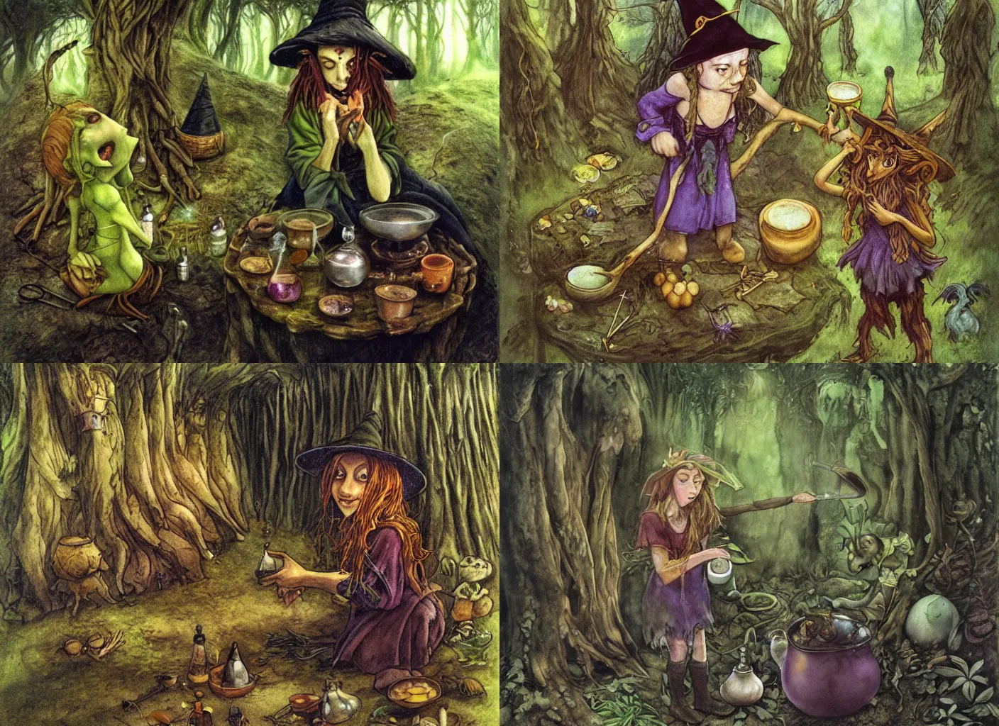 Prompt: a young witch making potions in the middle of the forest surrounded by feys, goblins and trolls, by brian froud