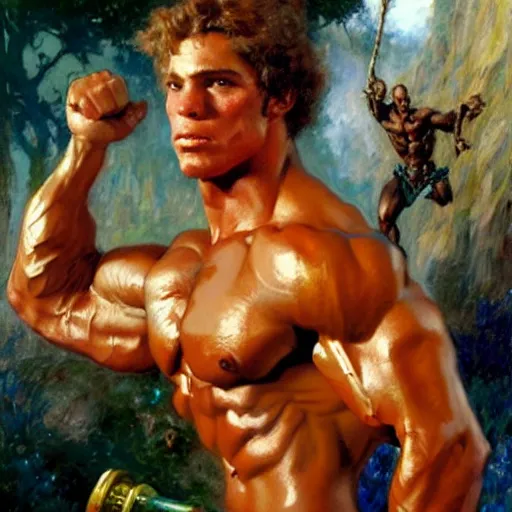 Image similar to stunning bodybuilder defeating master wizard with bare hands, highly detailed painting by gaston bussiere, craig mullins, j. c. leyendecker, 8 k