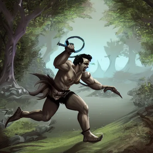 Prompt: the half orc running towards his friends, digital art