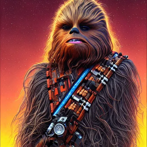 Image similar to hyper detailed masterpiece, chewbacca portrait jean giraud, digital art painting, darkwave goth aesthetic, psychedelic, artgerm, donato giancola, tom bagshaw