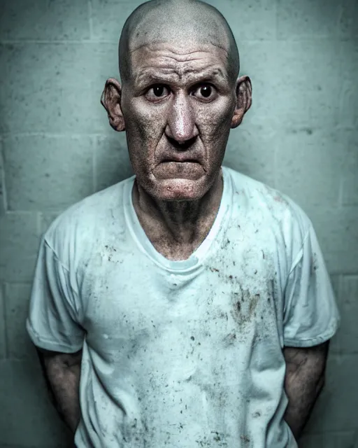 Prompt: prison mugshot of real - life squidward, bright flash, brown prison shirt, low saturation, somber expression, filthy hair, rugged textured face, soft vignette, soft focus, 5 0 mm, 4 k, nypd