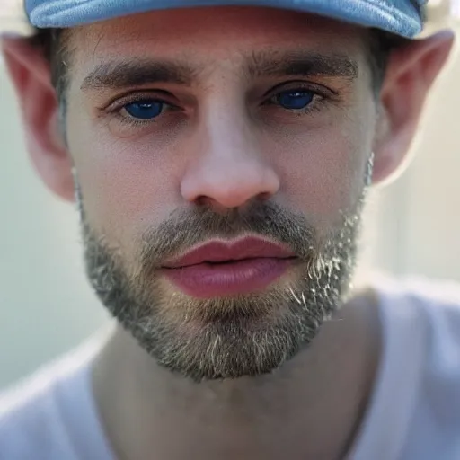 Image similar to color photograph of a 40 year old white Jewish Israeli skinny man with short, curly, blond hair and very small blue eyes, dressed in a white t shirt, gray shorts and a gray cabby cap, with a small mole to the right of his very thin lips, with a straight nose and blond stubble, with a round face, and an earring in the left ear.