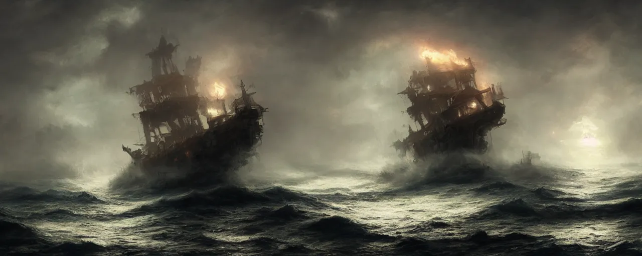 Image similar to fantasy ornate pirate warship on a stormy sea, fog, night, dramatic lighting, greg rutkowski, 4 k, artstation, matte painting, artstation