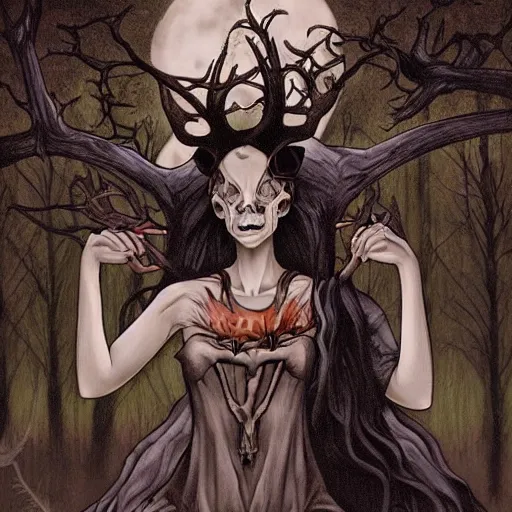 Image similar to an epic horrific wiccan gothic painting of a mother - nature witch cult woman wearing a deer skull, in a moonlit forest by gerald brom by junji ito by vanessa lemen by charlie bowater