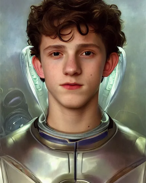 Image similar to a portrait painting of a shy, blushing 1 6 - year old tom holland or timothee chalamet, backlit, wearing a futuristic translucent iridescent plastic space suit with a space helmet, elegant, highly detailed, artstation, concept art, by krenz cushart and donato giancola and william adolph bouguereau and alphonse mucha