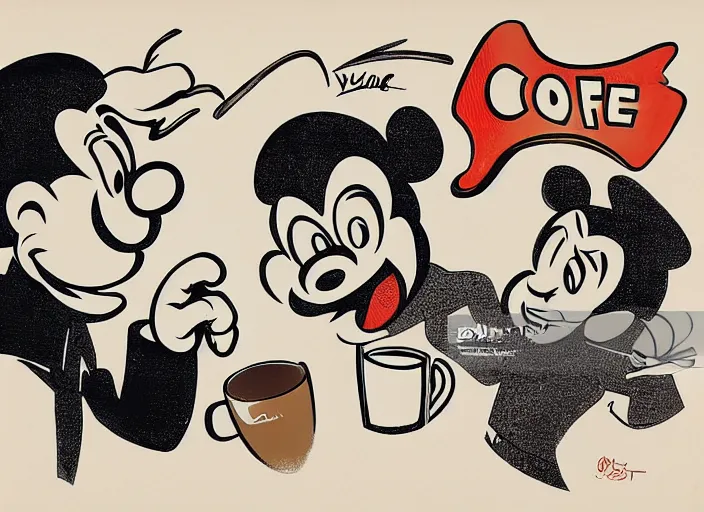 Prompt: cup head fighting against coffee pot boss, lots of coffee, stars, dynamic movements, steam, comic style, 1930s, Walt Disney