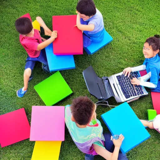 Image similar to photo of kids working on computers outside in the sun, large colorful blocks floating in the air, bright colors