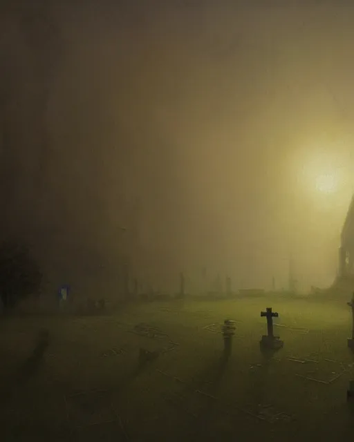 Prompt: a highly detailed epic cinematic concept art CG render digital painting artwork: Cemetery in fog. By Greg Rutkowski, in the style of Francis Bacon and Syd Mead and Norman Rockwell and Beksinski, open ceiling, highly detailed, painted by Francis Bacon and Edward Hopper, painted by James Gilleard, surrealism, airbrush, Ilya Kuvshinov, WLOP, Stanley Artgerm, very coherent, triadic color scheme, art by Takato Yamamoto and James Jean