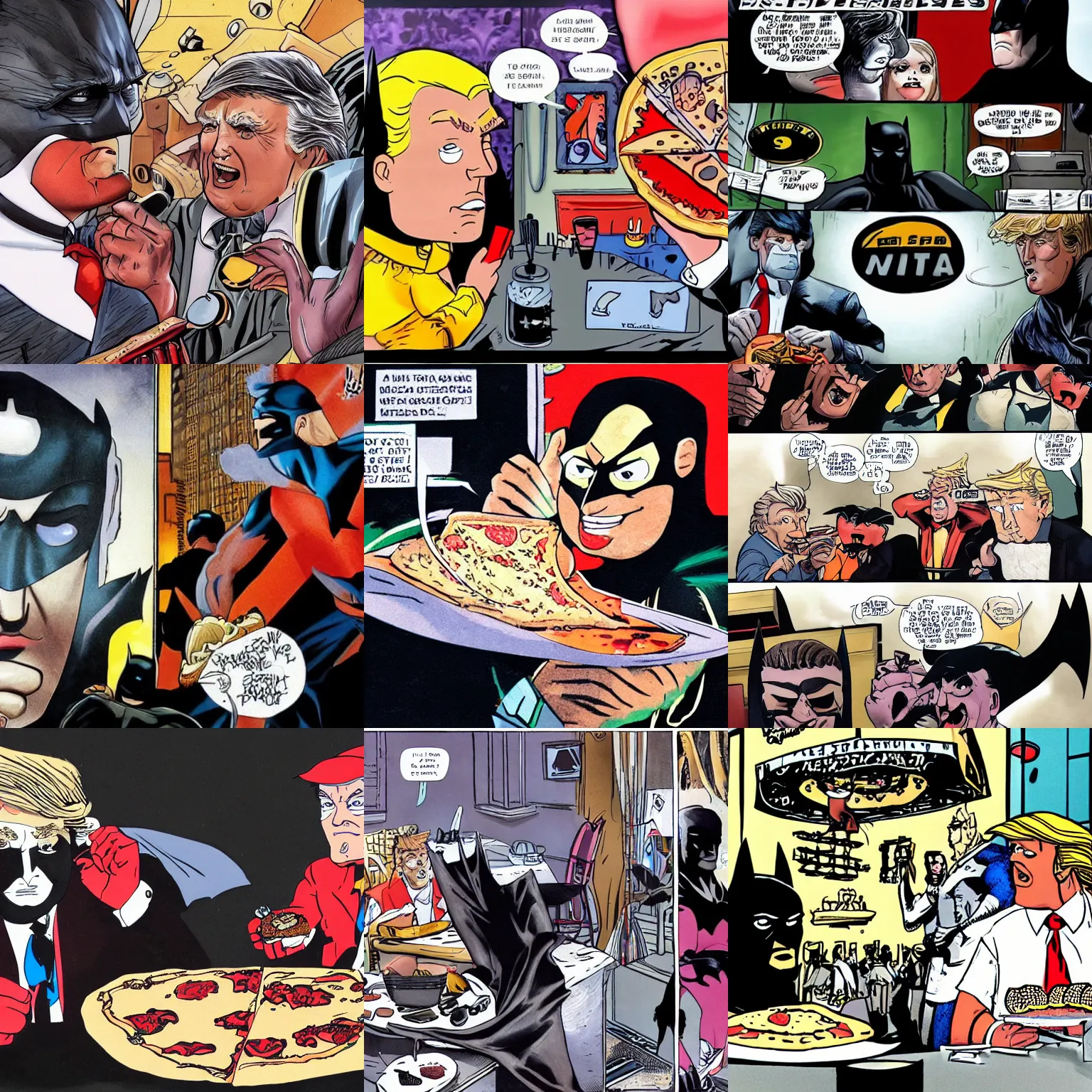 Prompt: A photograph of Batman eating a pizza with Donald Trump, Photograph