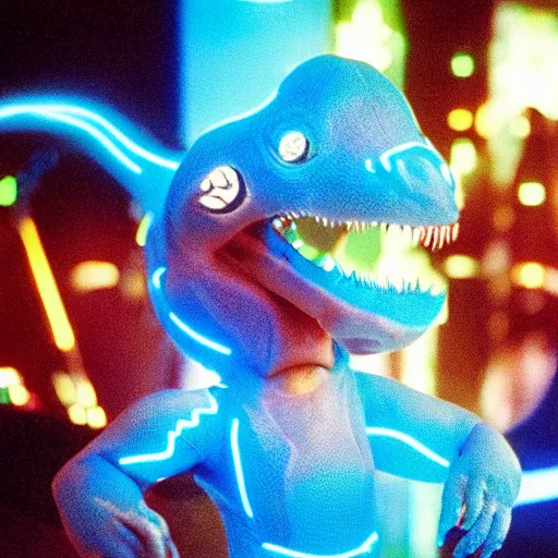 Prompt: chibi style electric blue scaled glowing baby dinosaurs in tron movie, cinestill
