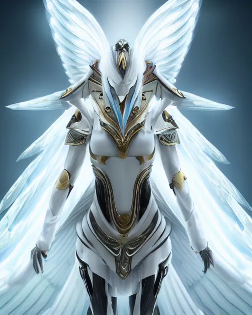 Image similar to perfect white haired attractive egyptian goddess with huge white dove wings, warframe armor, beautiful, symmetric, dreamy, half asian, pretty face, blue eyes, detailed, scifi platform, laboratory, experiment, 4 k, ultra realistic, epic lighting, android body, illuminated, cinematic, masterpiece, art by akihito tsukushi, voidstar