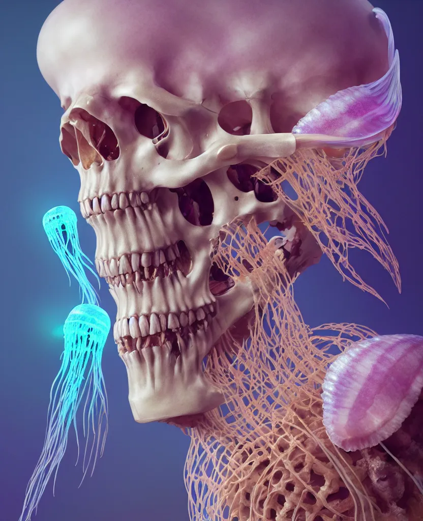 Image similar to goddess close-up portrait human skeleton, ram skull, jellyfish, orchid, betta fish, bioluminiscent, intricate artwork by Tooth Wu and wlop and beeple. octane render, trending on artstation, greg rutkowski very coherent symmetrical artwork. cinematic, hyper realism, high detail, octane render, 8k