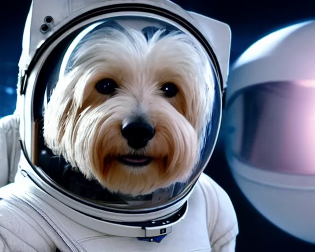 Image similar to film still of anthropomorphic anthropomorphic westie as astronaut in interstellar, 4 k