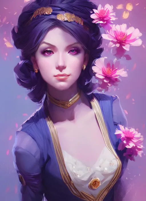 Image similar to female magician, wide angle view, flowers, blue, black, pink, gold, diamonds, highly detailed, artgerm, cushart krenz, artstation, soft light, sharp focus, illustration, character design, concept art