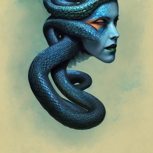 Prompt: queen of snakes, crown of snakes, showing top of crown, blue skin, by Anato Finnstark, Tom Bagshaw, Brom