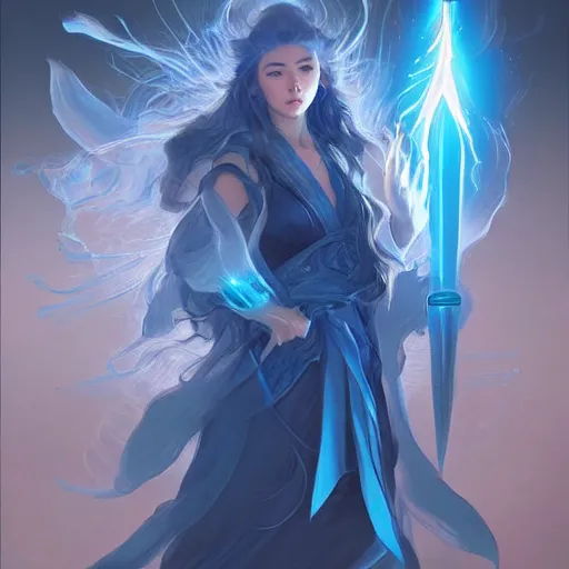 Image similar to japanese lightning goddess, wearing elemental energy d & d, blue color palette, highly detailed, digital painting, artstation, concept art, sharp focus, illustration, cinematic lighting, art by artgerm and greg rutkowski and alphonse mucha