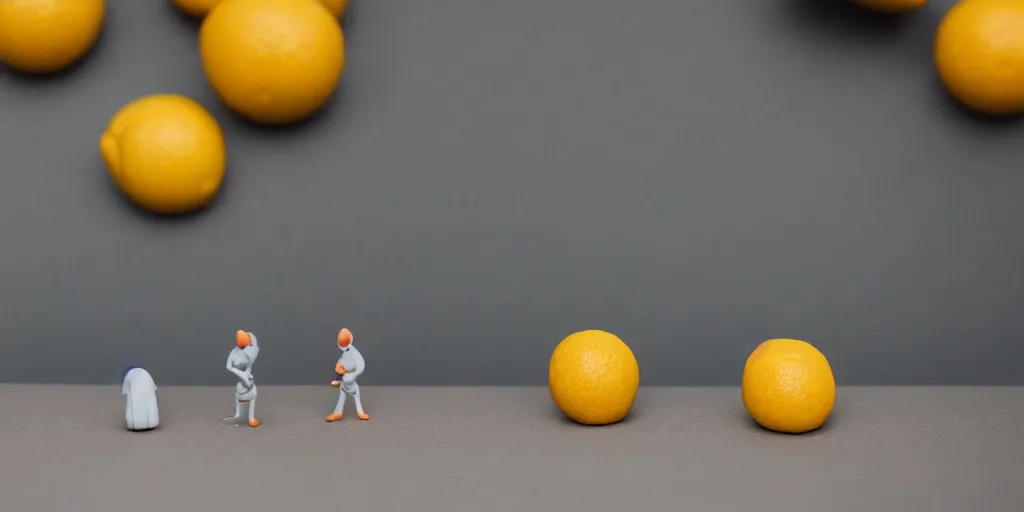 Image similar to a cinematic film still of a claymation stop motion film starring anthropomorphic lemons, shallow depth of field, 8 0 mm, f 1. 8