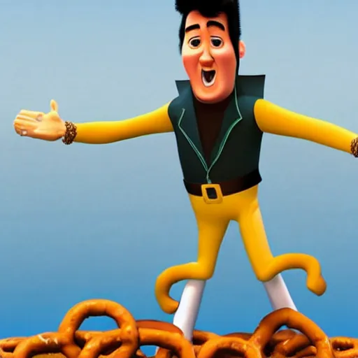 Image similar to elvis presley with legs made from pretzels!!!!, pixar character, stage background, pixar, 3 d,