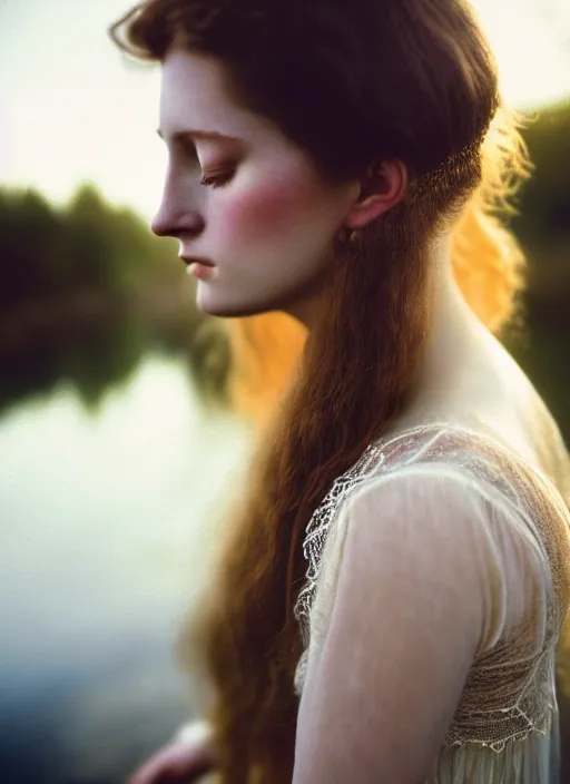 Image similar to Kodak Portra 400, 8K, soft light, volumetric lighting, highly detailed, sharp focus,britt marling style 3/4, Close-up portrait photography of a beautiful woman how pre-Raphaelites a woman with her eyes closed is surrounded by water , with the nape in the water, she has a beautiful lace dress and hair are intricate with highly detailed realistic beautiful flowers , Realistic, Refined, Highly Detailed, natural outdoor soft pastel lighting colors scheme, outdoor fine art photography, Hyper realistic, photo realistic