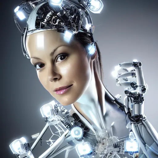 Image similar to beautiful Fine art photo portrait of young sweaty Brooke Burke as a solarpunk robotic goddess, white mechanical parts with led lights, photorealistic, white background, highly detailed and intricate, sun lighting, 8k