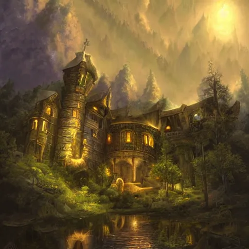 Prompt: a renaissance castle in a forest with a glowing night sky, upward angle, by tyler edlin