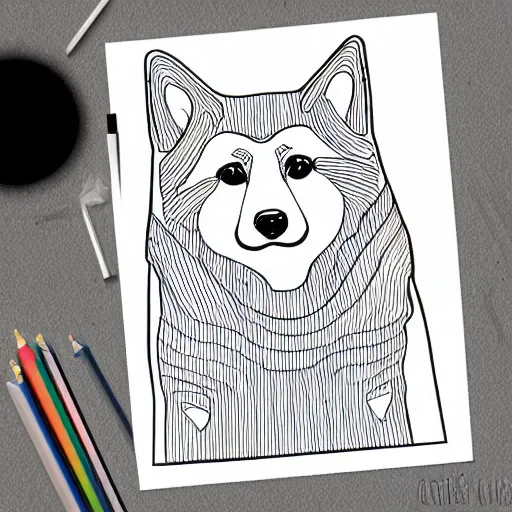 Prompt: Shiba Inu coloring book page, black and white