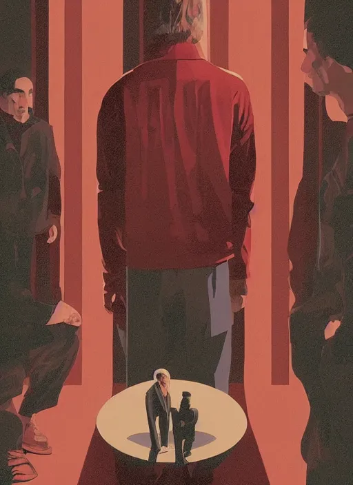 Image similar to Twin Peaks poster artwork by Michael Whelan, by Bob Larkin and Tomer Hanuka, Karol Bak of portrait of Joe Rogan in red flannel, from scene from Twin Peaks, clean, simple illustration, nostalgic, domestic