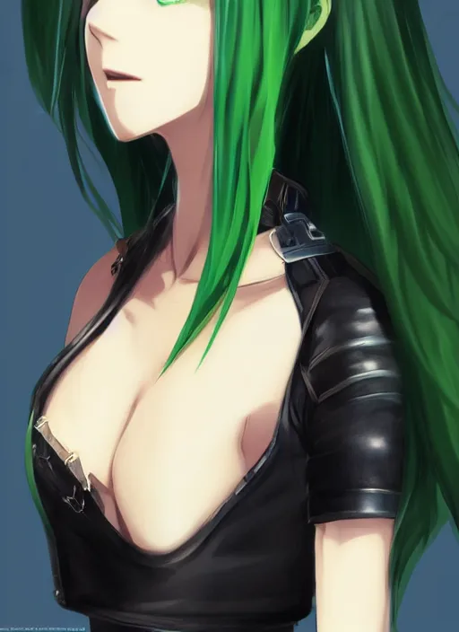 Image similar to green haired anime girl wearing a leather crop top, anime style, by makoto shinkai, by wenjun lin, digital drawing, gorgeous face, steampunk