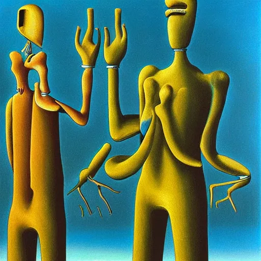 Image similar to Two extremely tall mechanical beings in a deep conversation. Temple of the new gods. Dali. Yves Tanguy.