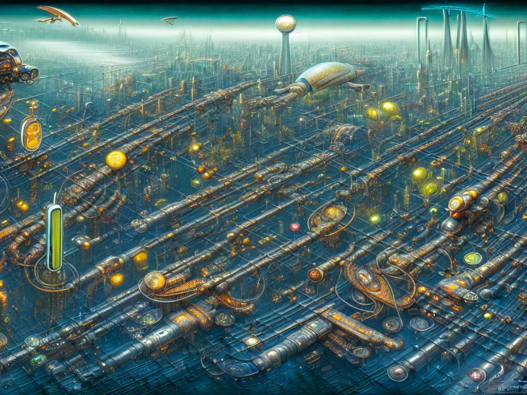 Prompt: hyper detailed charismatic futuristic utopia city ,clean mechanical city, trains, metro, flying cars, factory, neon, super advanced techonology by Gediminas Pranckevicius,Mark Brooks, Rembrandt,james gurney,dan luvisi,Petros Afshar, tim hildebrandt, liam wong, thomas kinkade,ernst haeckel,trending on artstation