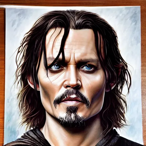 Image similar to symmetry!! portrait of johnny depp starring in the lord of the rings as aragorn, detailed - face!!, artstation, intricate, elegant, highly detailed, film still, nikon, canon eos, zeiss lens, dramatic lighting, sharp - focus!!, art by artgerm and greg rutkowski and alphonso mucha, smooth